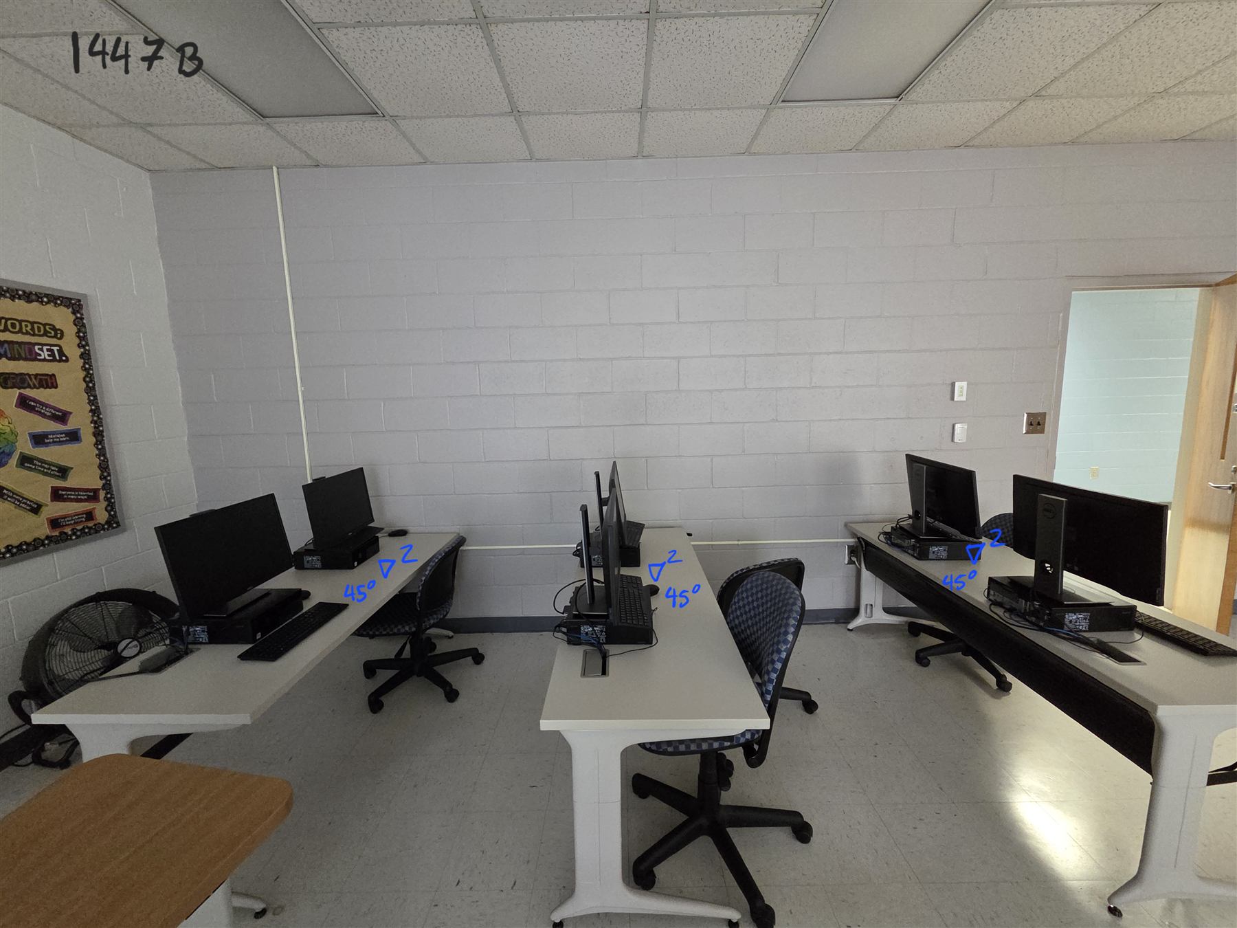 Computer lab desks with planned drop positions marked
